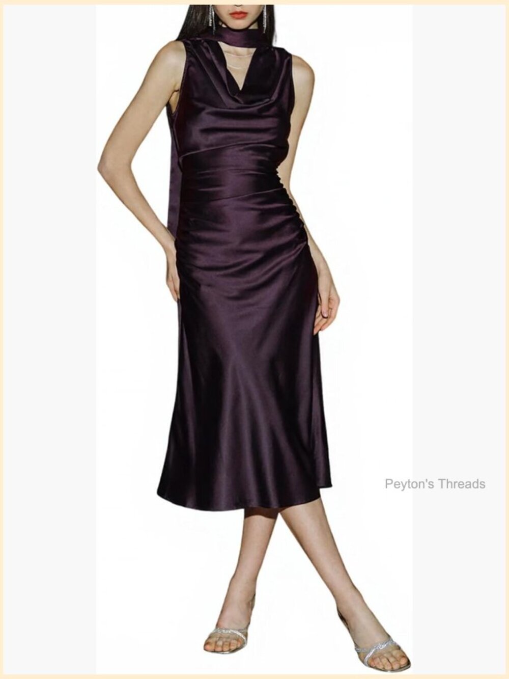 Satin Cowl Neck Sleeveless Midi Dress Party Formal - Picture 1 of 7